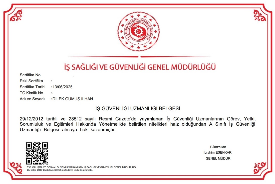 Uzun bir emeğin ve çalışmanın ardından 17.05.2025 tarihinde girdiğim sınavla B sınıfı İş Güvenliği Uzmanlığı yetkimi A Sınıfı İş Güvenliği Uzmanlığı'na yükselttim.